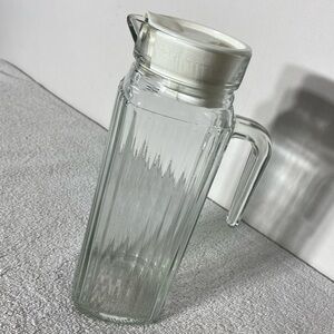 Vintage Clear Ribbed Glass Fridge Door Jug Pitcher with White Lid